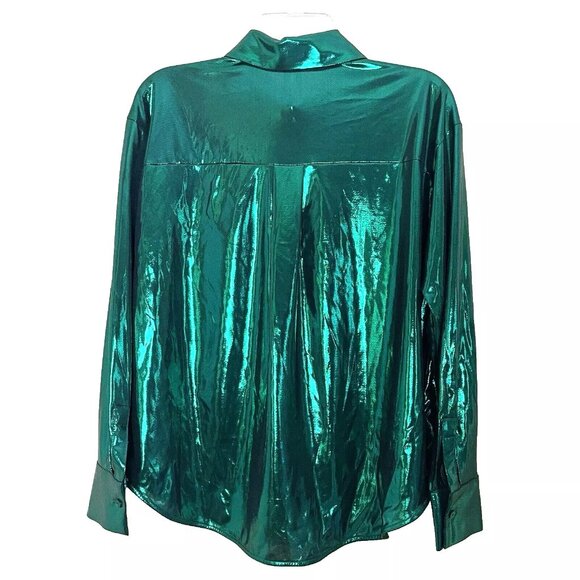 Anthropologie Gillian Liquid Shine Green Metallic Shirt Blouse Size Small - Picture 3 of 12